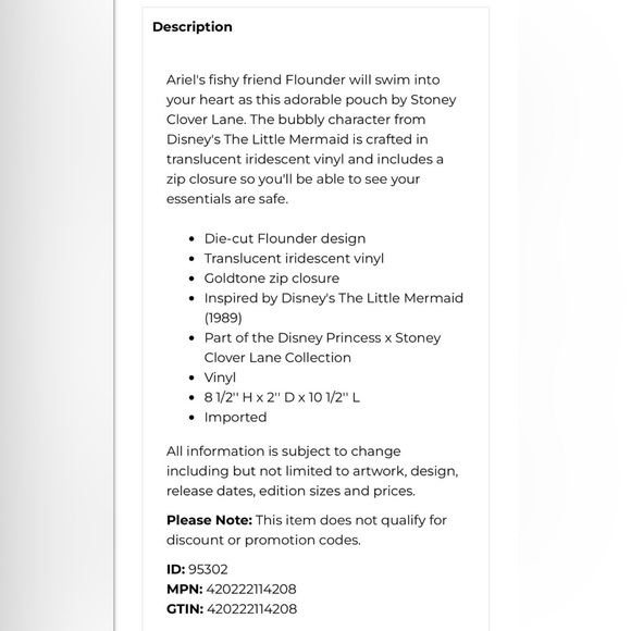 Stoney clover lane little mermaid flounder zipper bag pouch - Picture 9 of 9